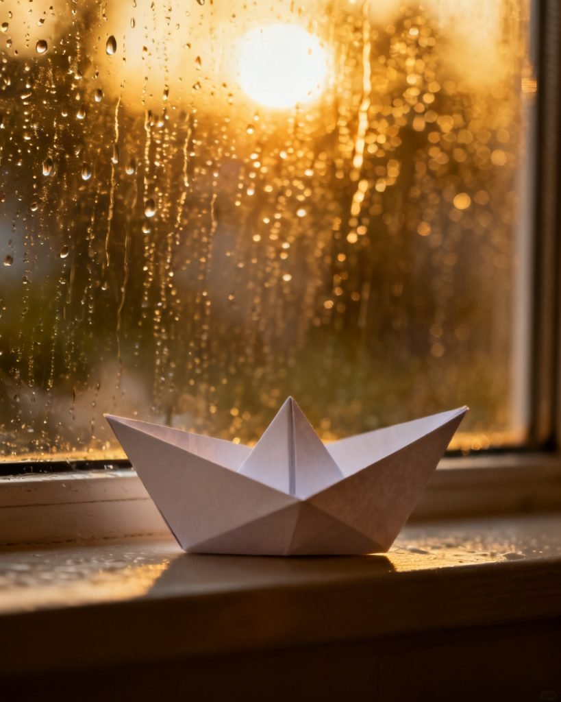 a paper boat on a rainy window, warm light