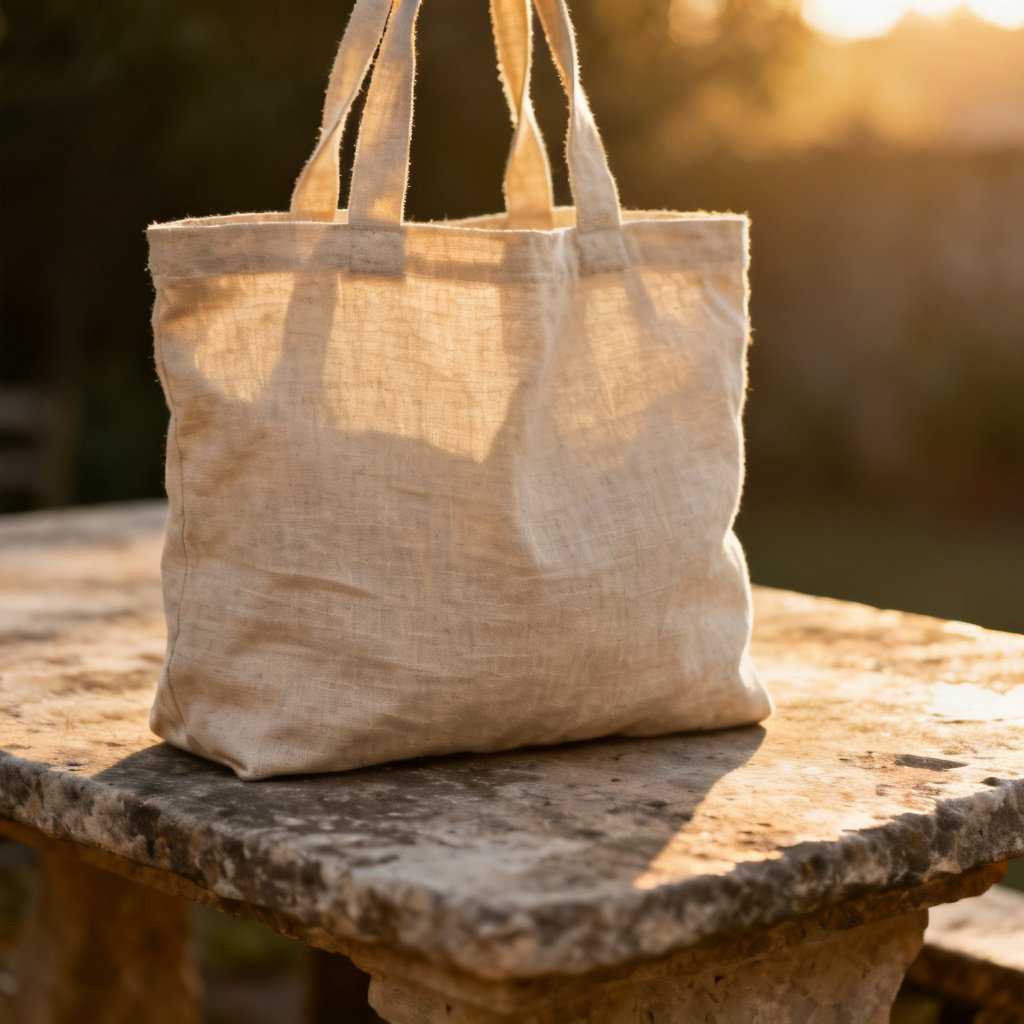 a linen tote bag on a stone table, morning sun