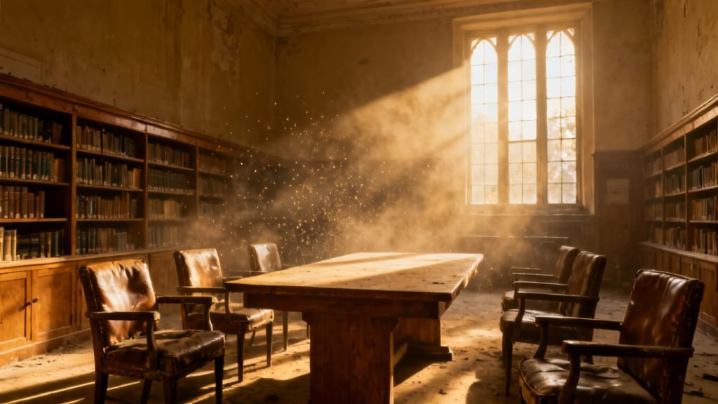 an empty reading room, dust in the light