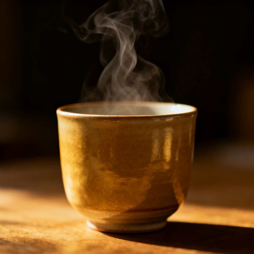a ceramic cup with steam, dark background