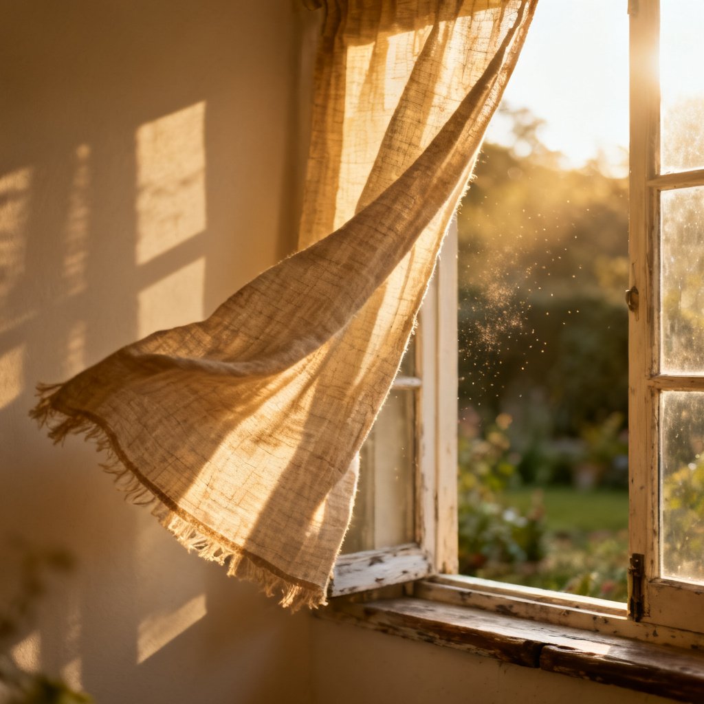 a linen curtain lifting in an open window, afternoon light